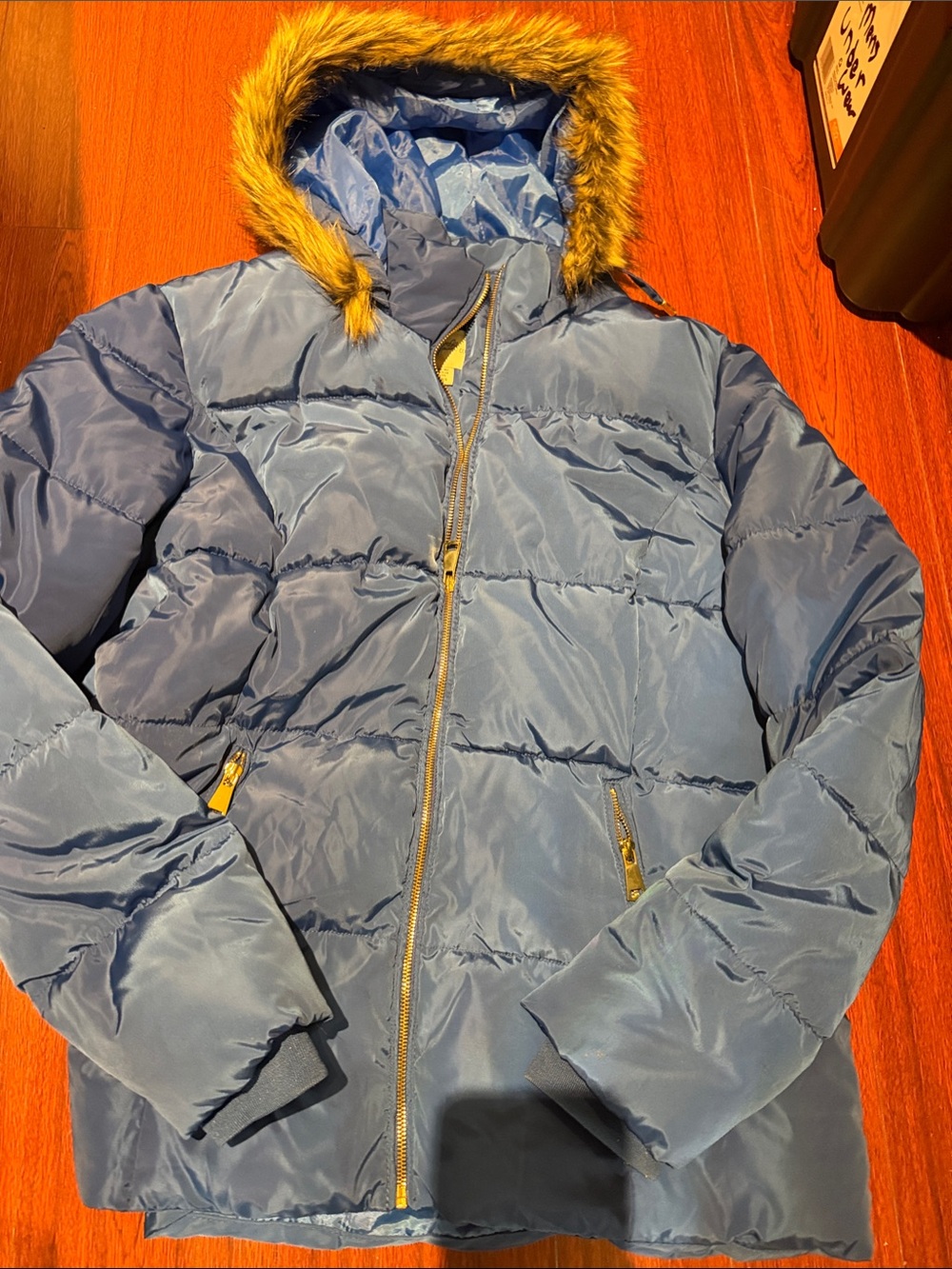 Women's Light Blue Puffer Jacket with Faux Fur Hood with flaw size XL